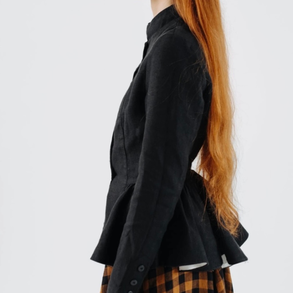 NWT Son De Flor Victorian Peplum Black Twill Linen Jacket XL